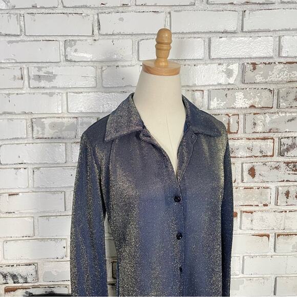 Vintage 90s Slightly Sheer Blue Gold Iridescent Button Down Long Sleeve Top - Picture 3 of 11